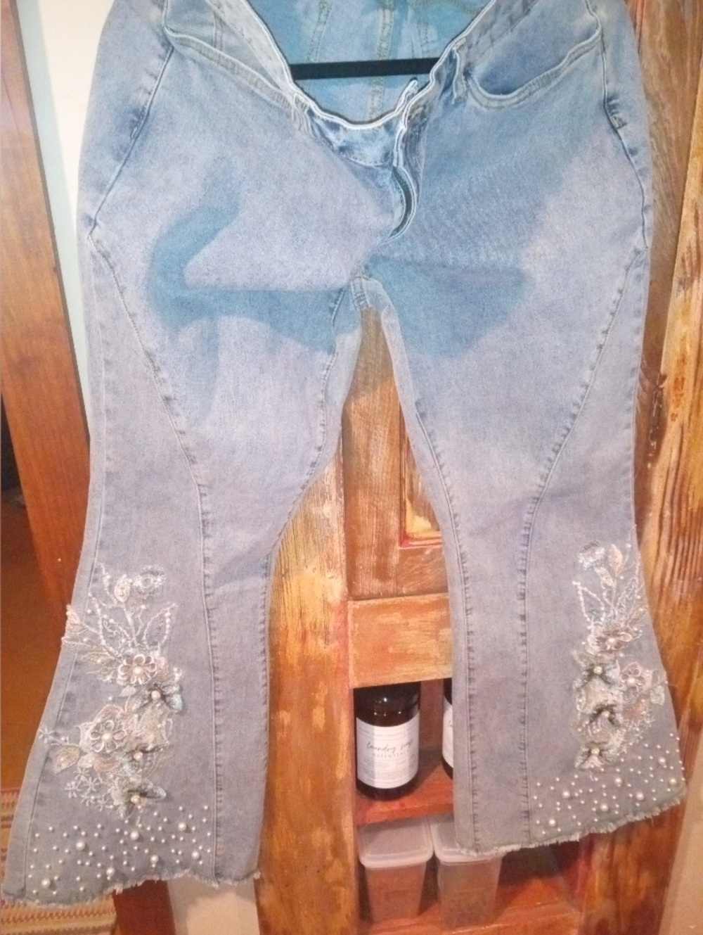 VENUS Light Blue Embroidered Flare Jeans with Pearl Accents